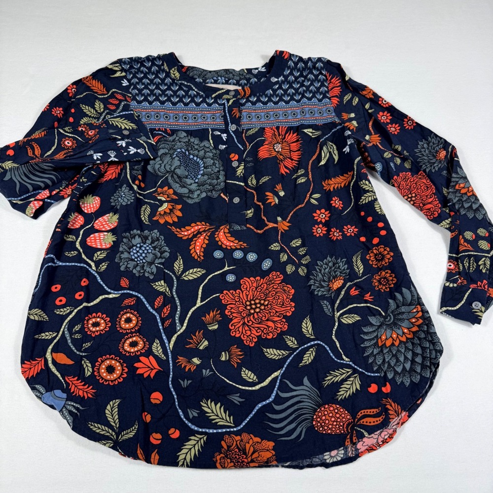 LOFT Floral Henley Blouse MP Navy Blue Botanical Strawberry Mixed‎ Print MP